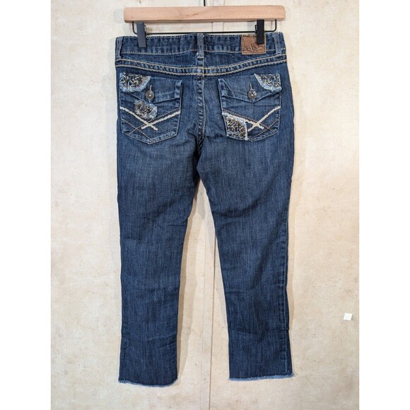 BKE Lexi Crop Jeans Womens 29 Blue Raw Hem Stretch Bling Buckle Denim Casual - Picture 2 of 10